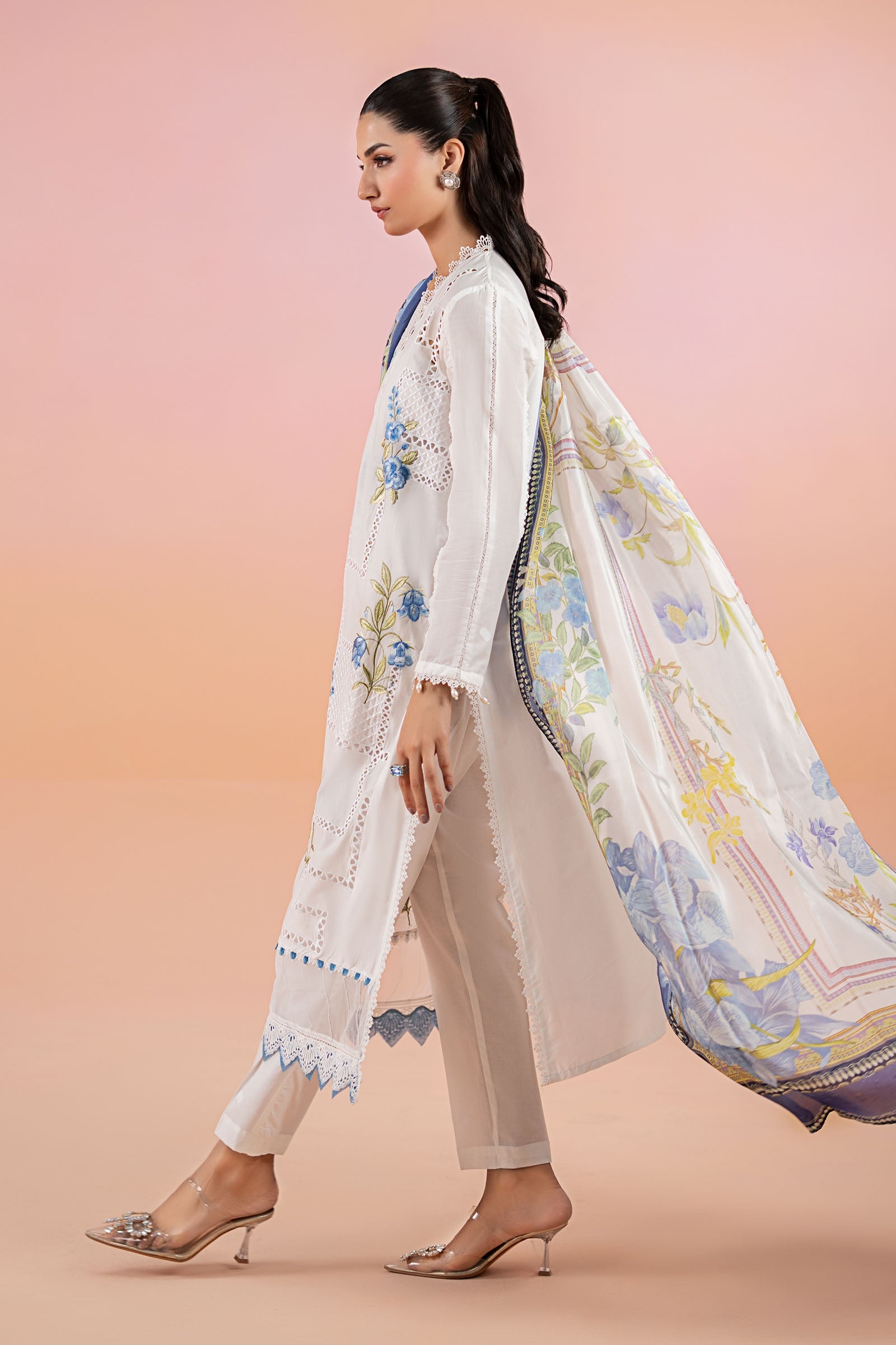 Pakistani White Blue Embroidered Lawn Salwar Kameez (3-Piece) - Image 5