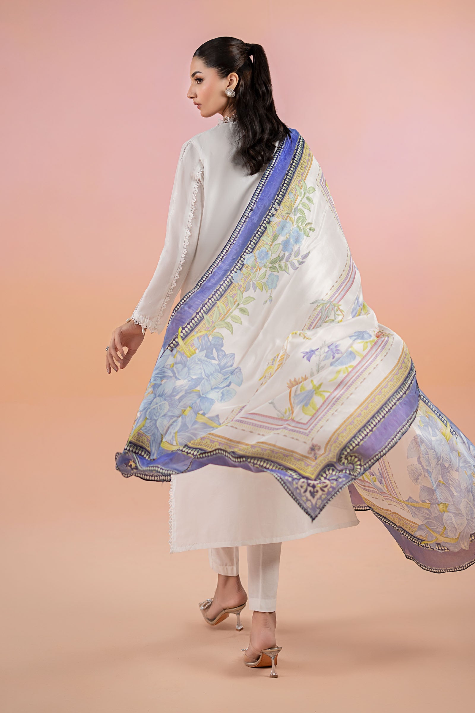 Pakistani White Blue Embroidered Lawn Salwar Kameez (3-Piece) - Image 6