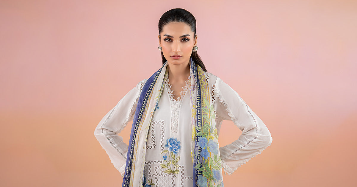 Pakistani White Blue Embroidered Lawn Salwar Kameez (3-Piece) - Image 7