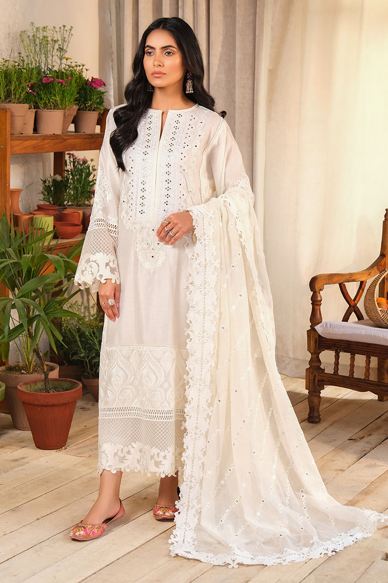 Pakistani White Embroidered Lawn Salwar Kameez (3-Piece) - Image 1
