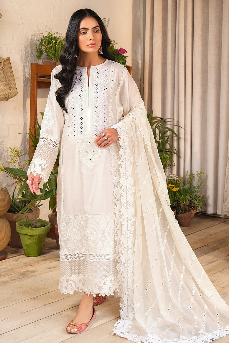 Pakistani White Embroidered Lawn Salwar Kameez (3-Piece) - Image 5