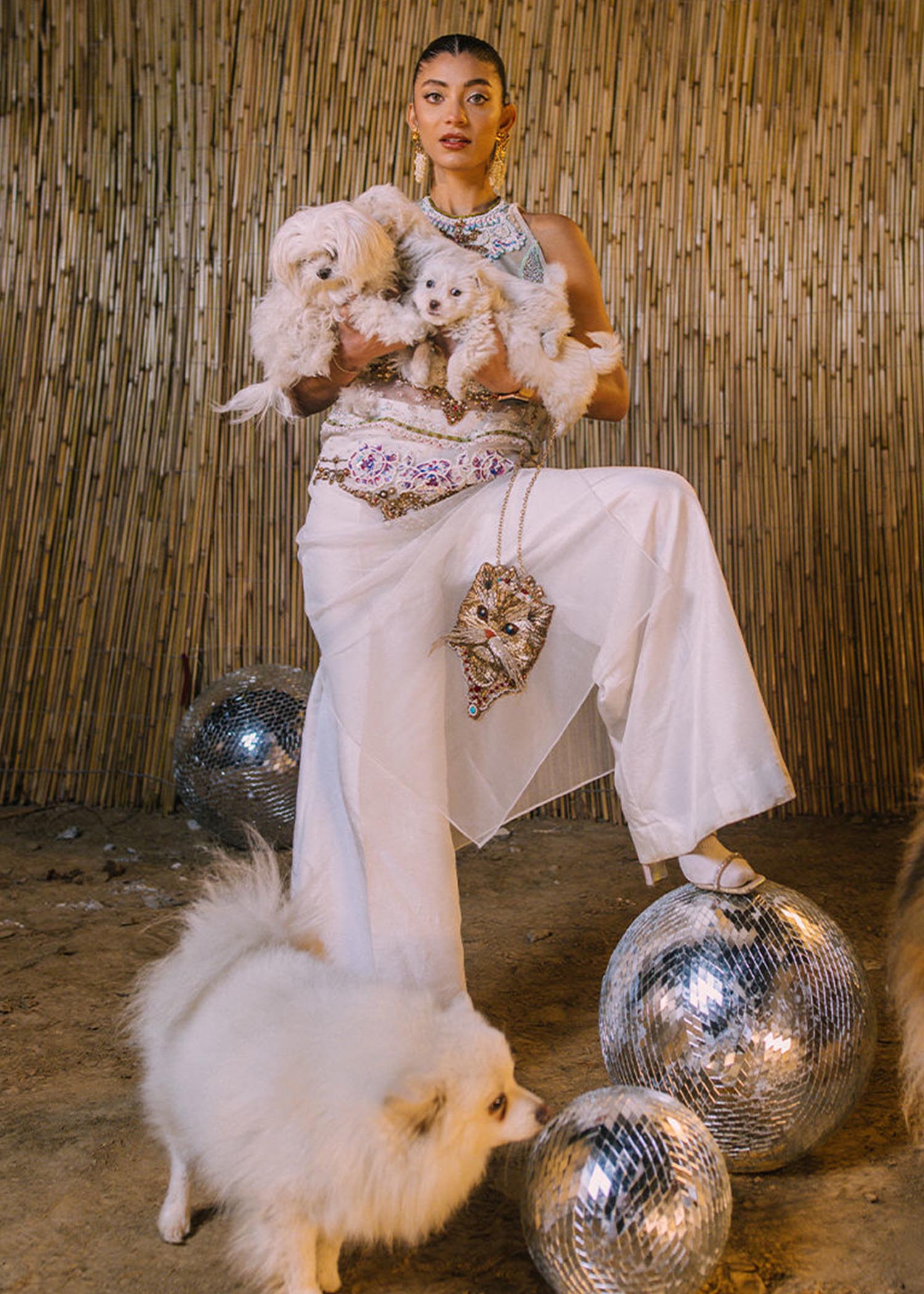 White Embroidered Organza Halter Shirt Set (3-Piece) - Image 1