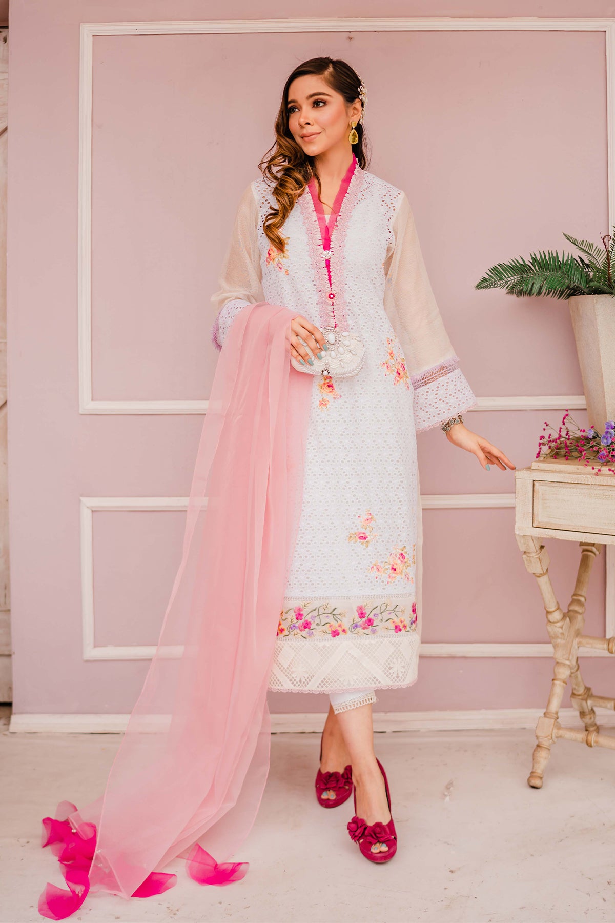 White Chikan Embroidered Salwar Kameez (3-Piece) - Image 1