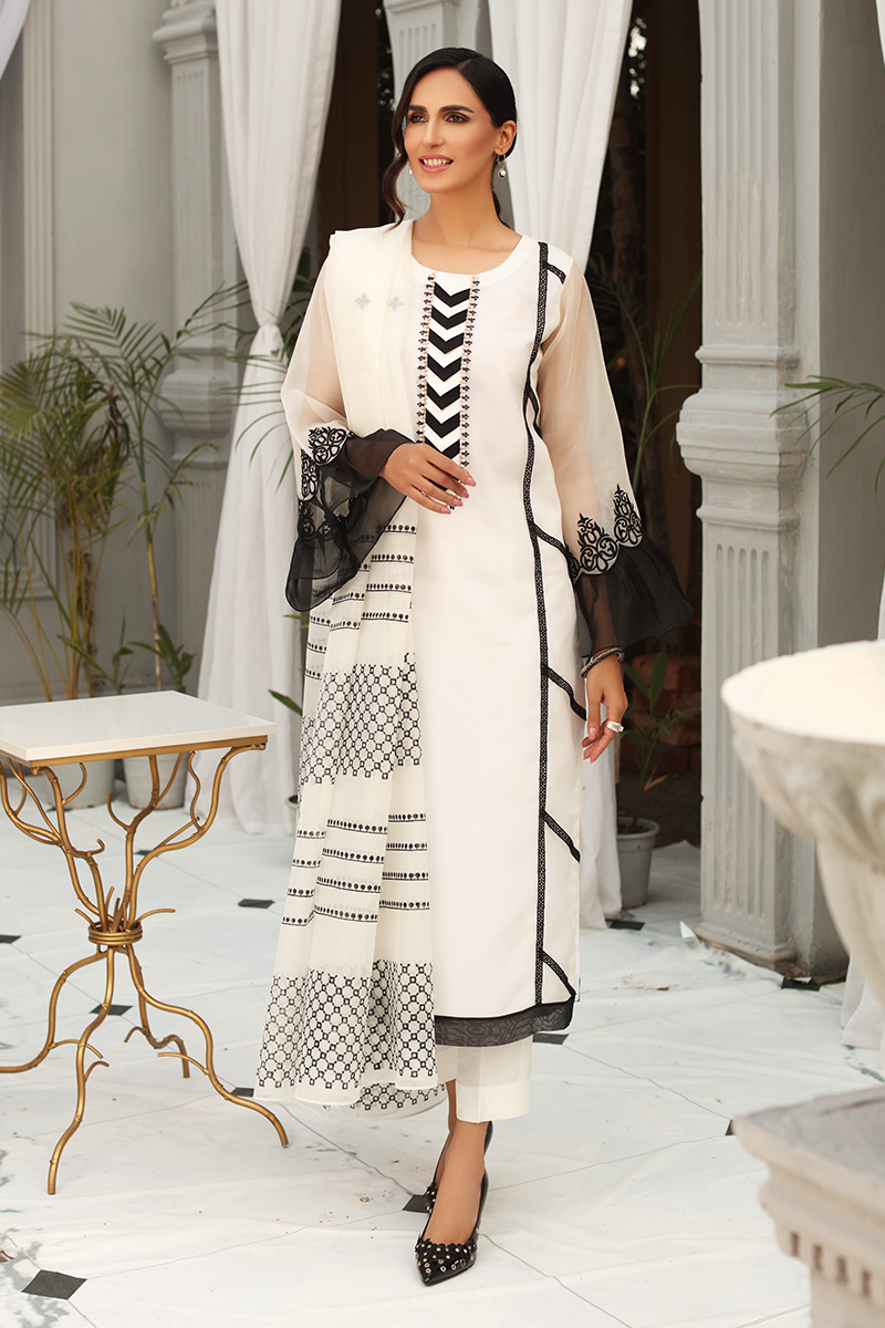White Pearl Embellished Organza Salwar Kameez (3-Piece) - Image 1