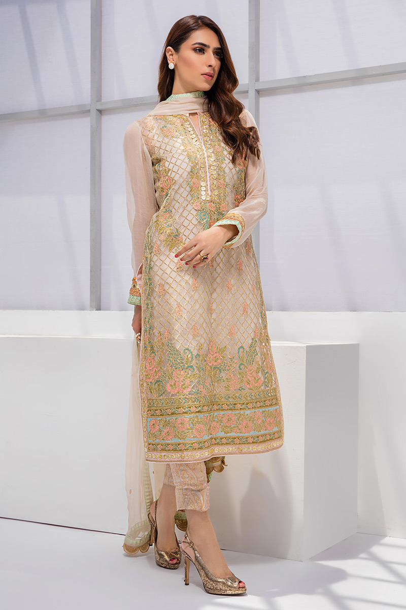 Pakistani Pearl White Embroidered Organza Salwar Kameez (3-Piece) - Image 1