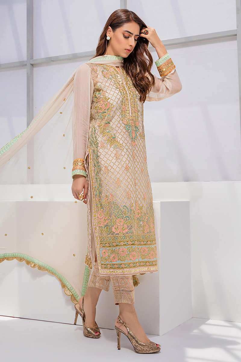 Pakistani Pearl White Embroidered Organza Salwar Kameez (3-Piece) - Image 2
