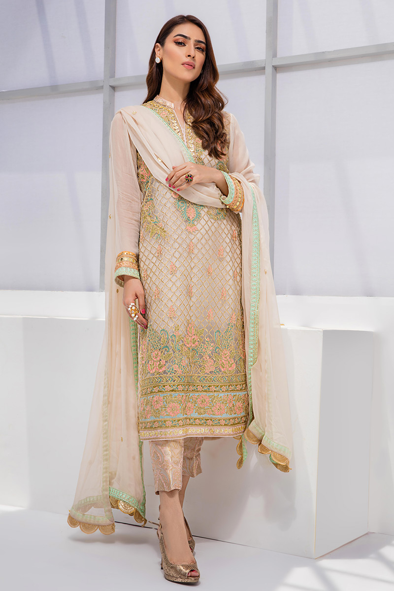 Pakistani Pearl White Embroidered Organza Salwar Kameez (3-Piece) - Image 3
