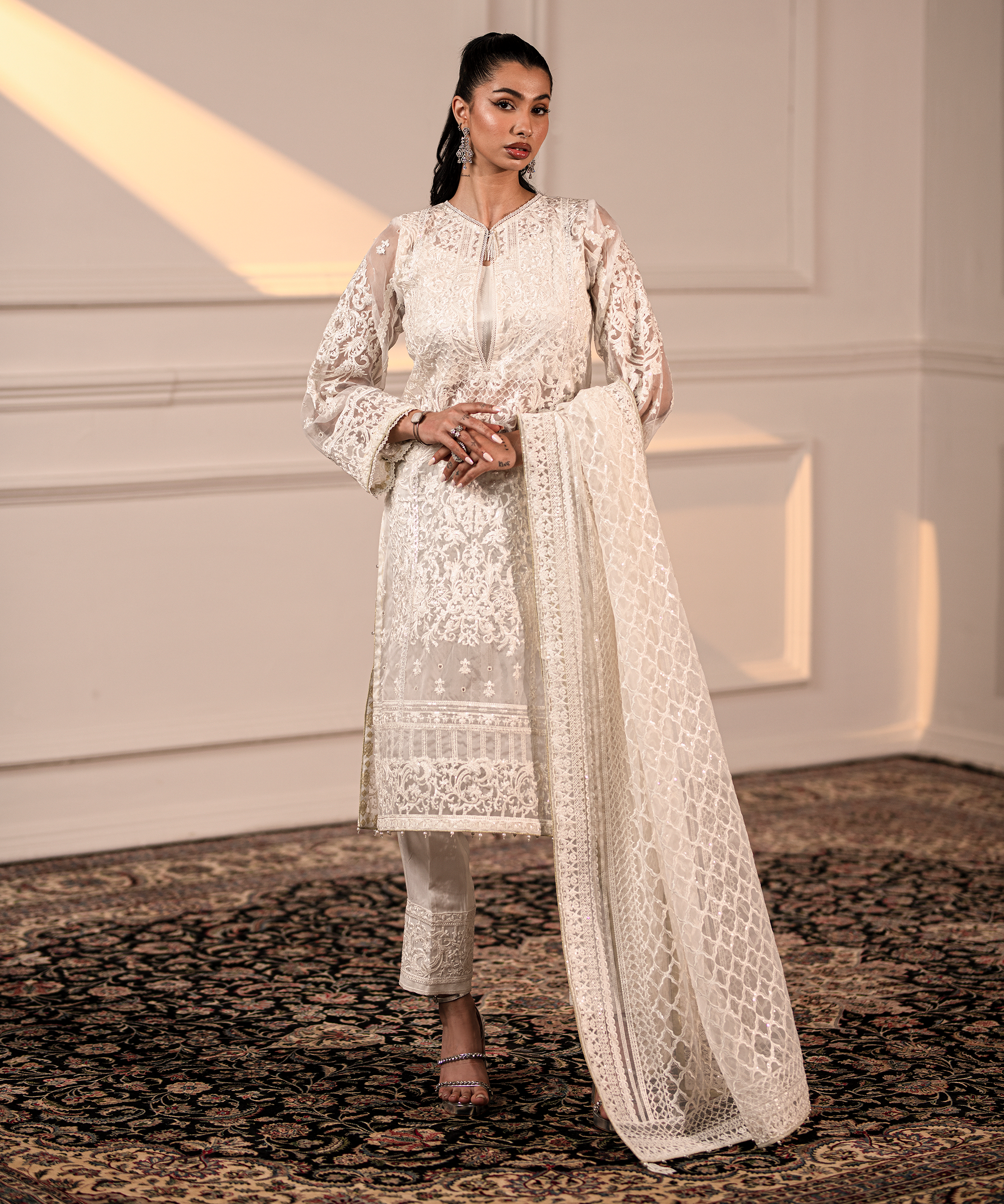 Pakistani White Embroidered Organza Salwar Kameez (3-Piece) - Image 2