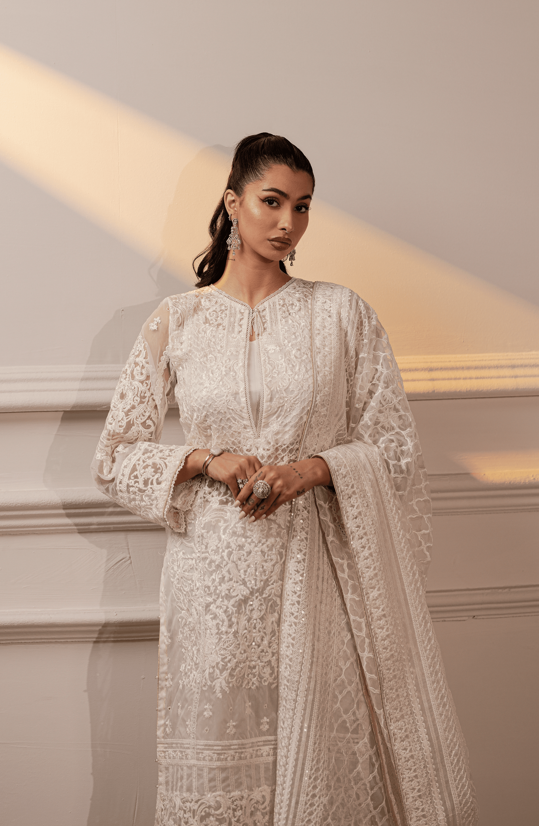 Pakistani White Embroidered Organza Salwar Kameez (3-Piece) - Image 3