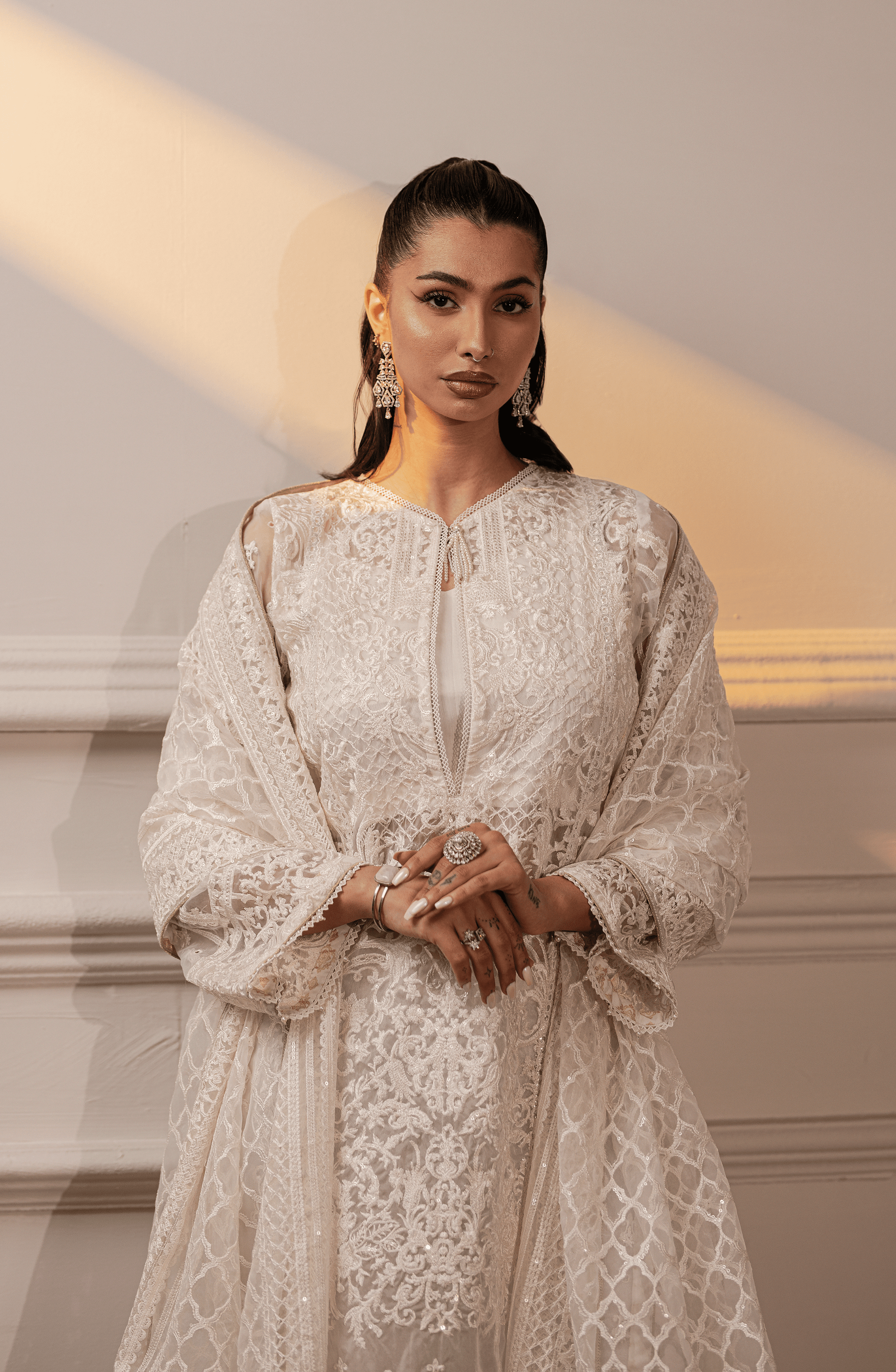 Pakistani White Embroidered Organza Salwar Kameez (3-Piece) - Image 4