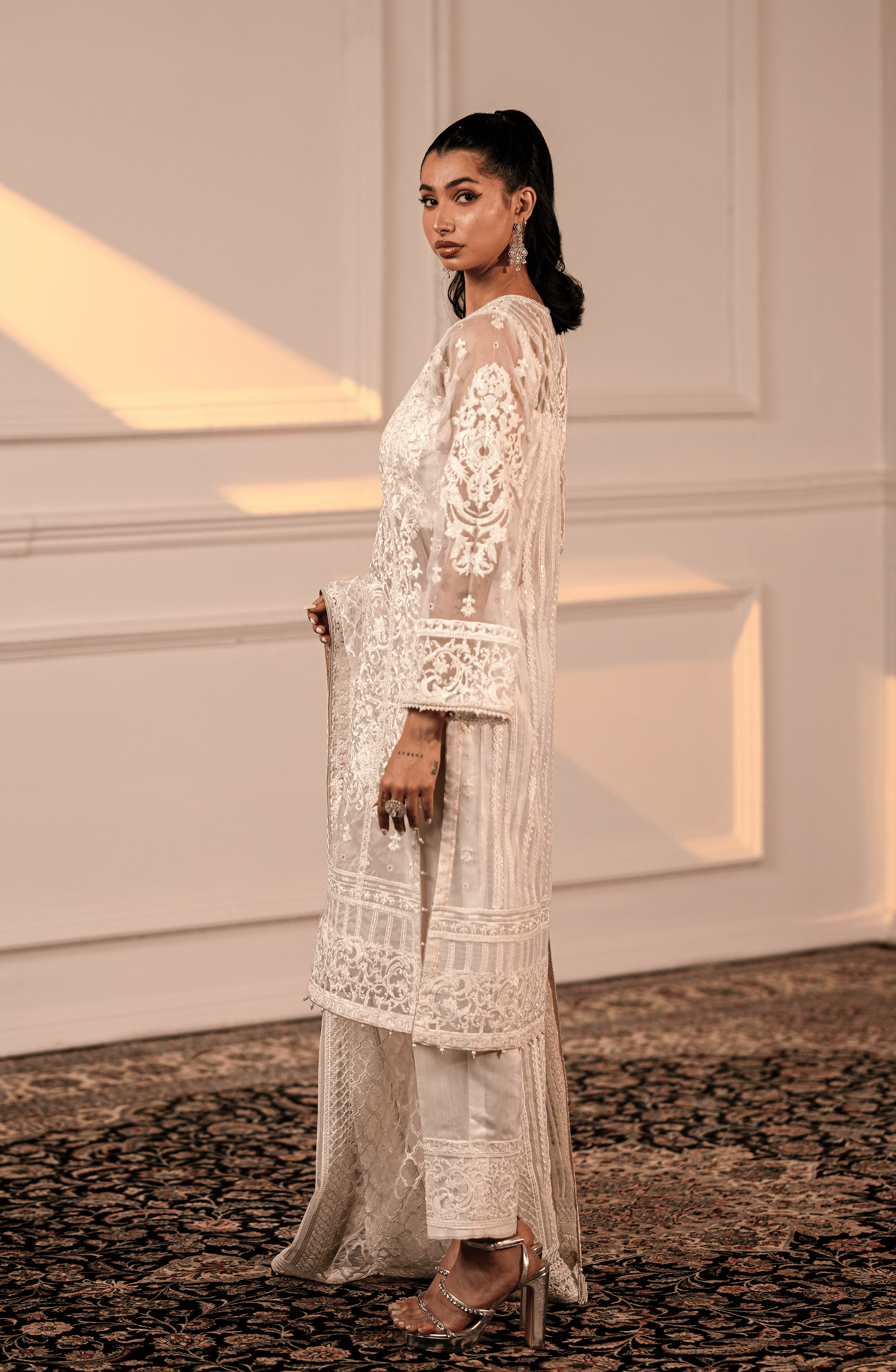 Pakistani White Embroidered Organza Salwar Kameez (3-Piece) - Image 5