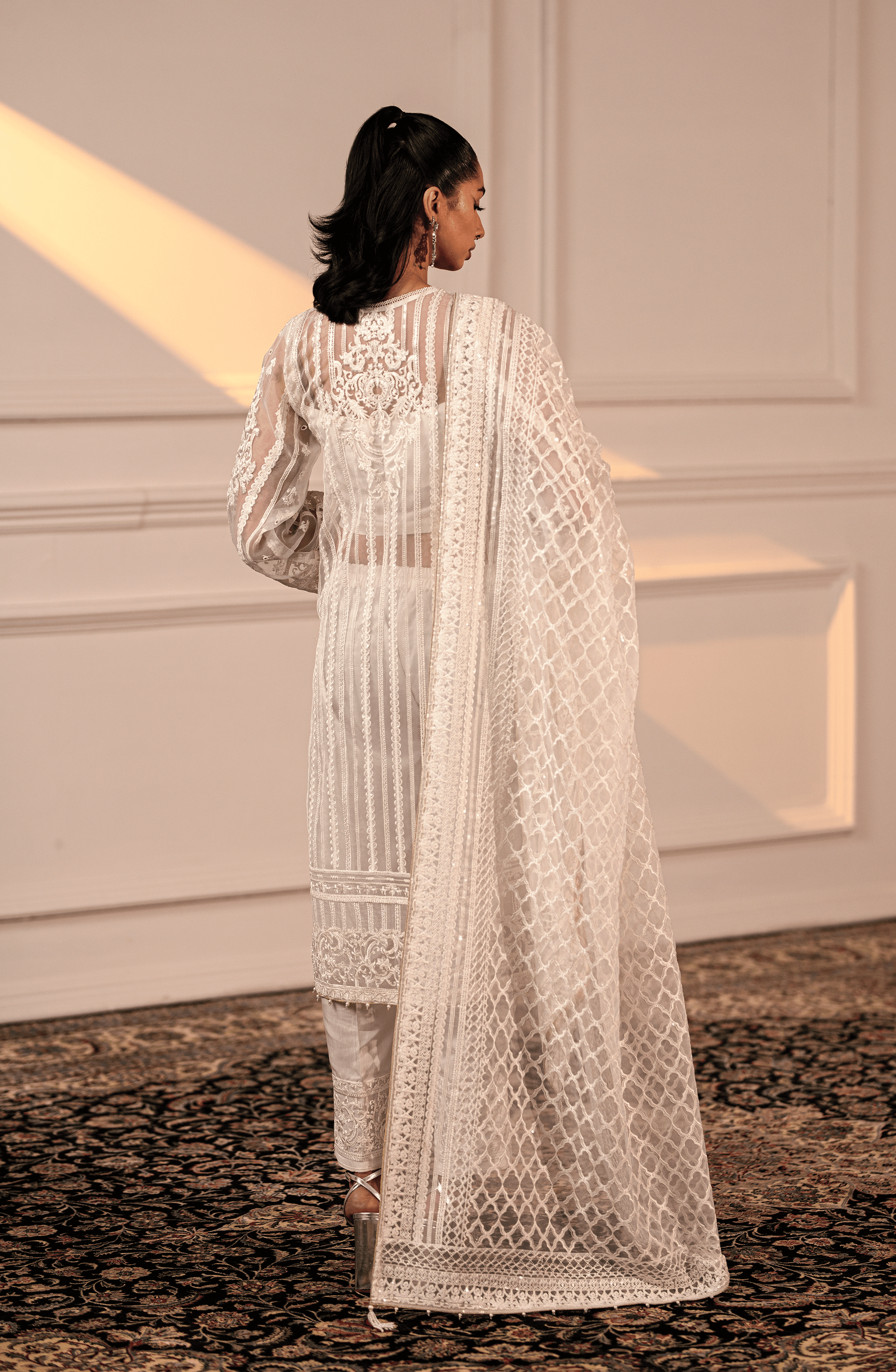 Pakistani White Embroidered Organza Salwar Kameez (3-Piece) - Image 6