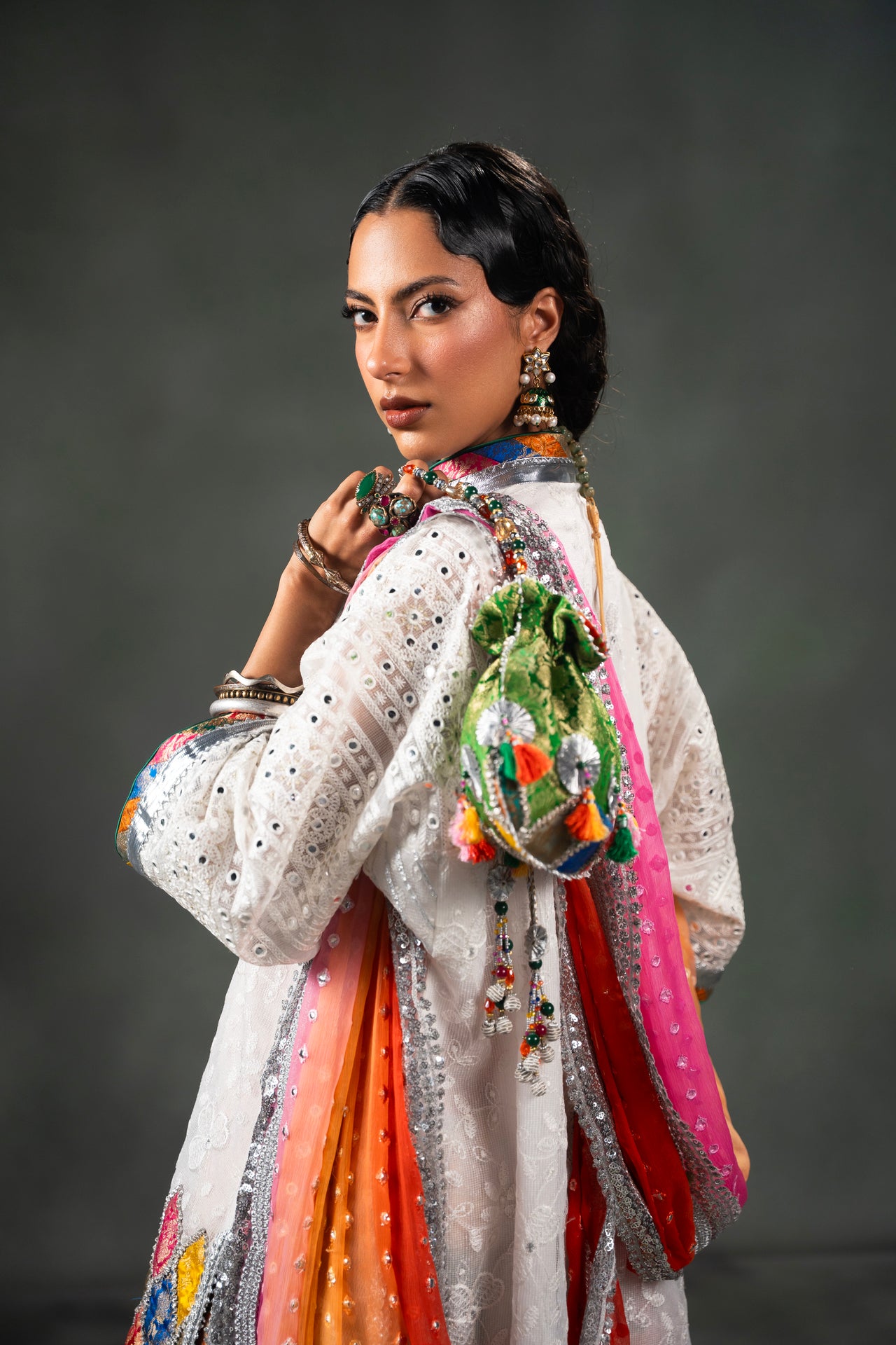 White Tukri Work Net Organza Salwar Kameez (3-Piece) - Image 2