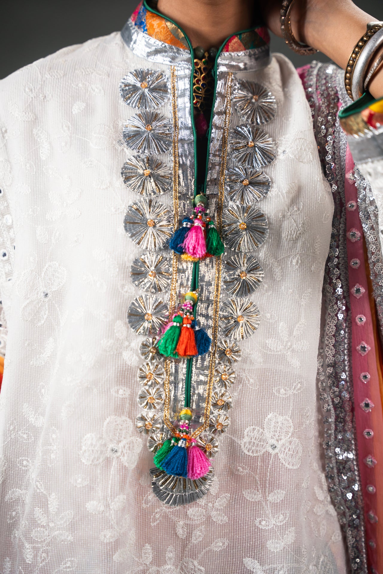 White Tukri Work Net Organza Salwar Kameez (3-Piece) - Image 3