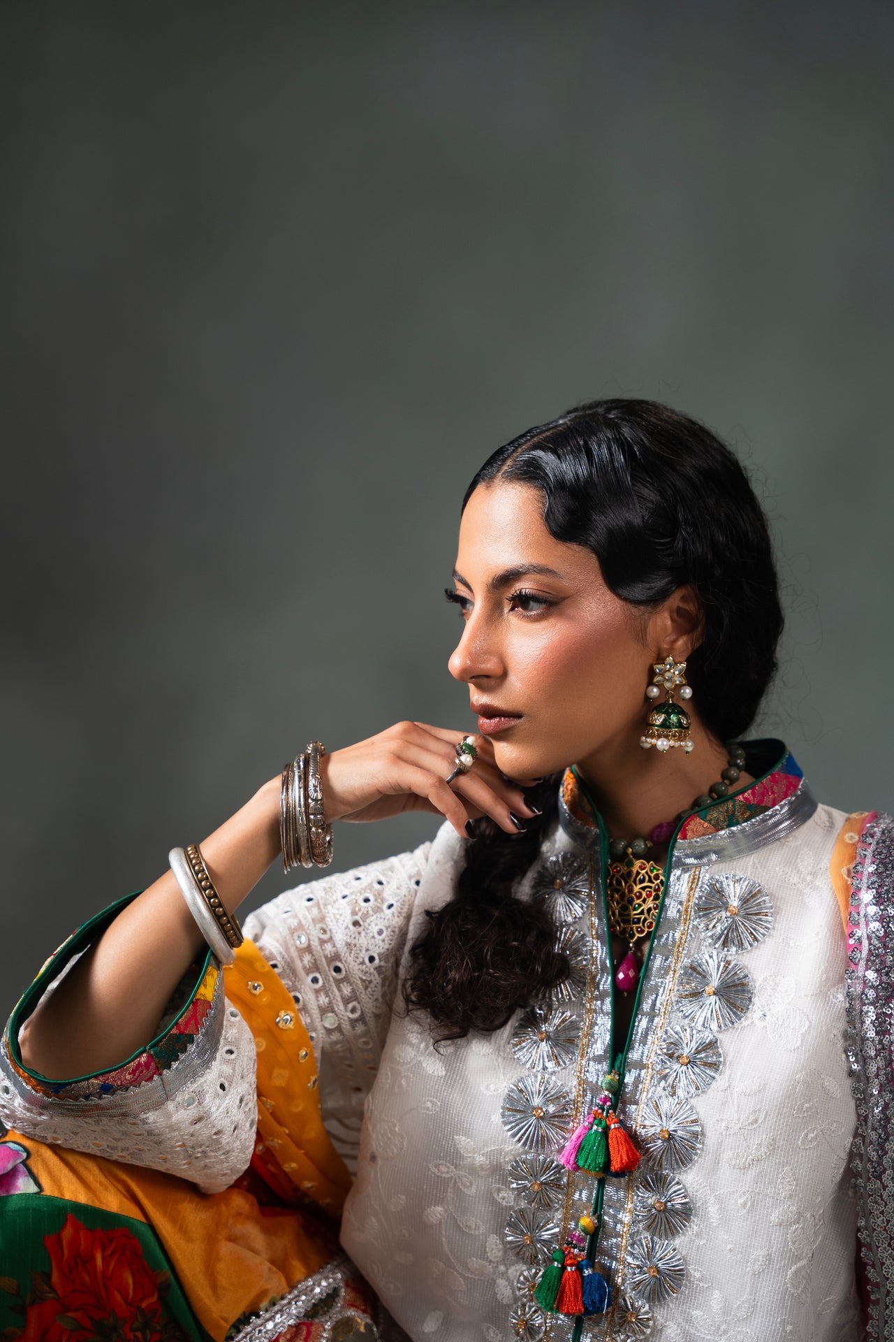 White Tukri Work Net Organza Salwar Kameez (3-Piece) - Image 7