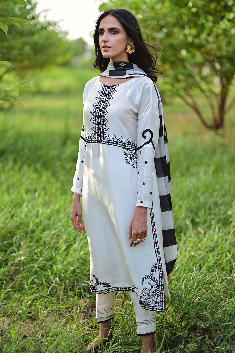 Pakistani White Anchor Embroidered Raw Silk Salwar Kameez (3-Piece) - Image 1