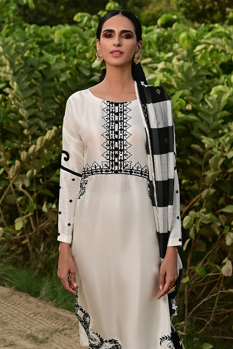 Pakistani White Anchor Embroidered Raw Silk Salwar Kameez (3-Piece) - Image 2
