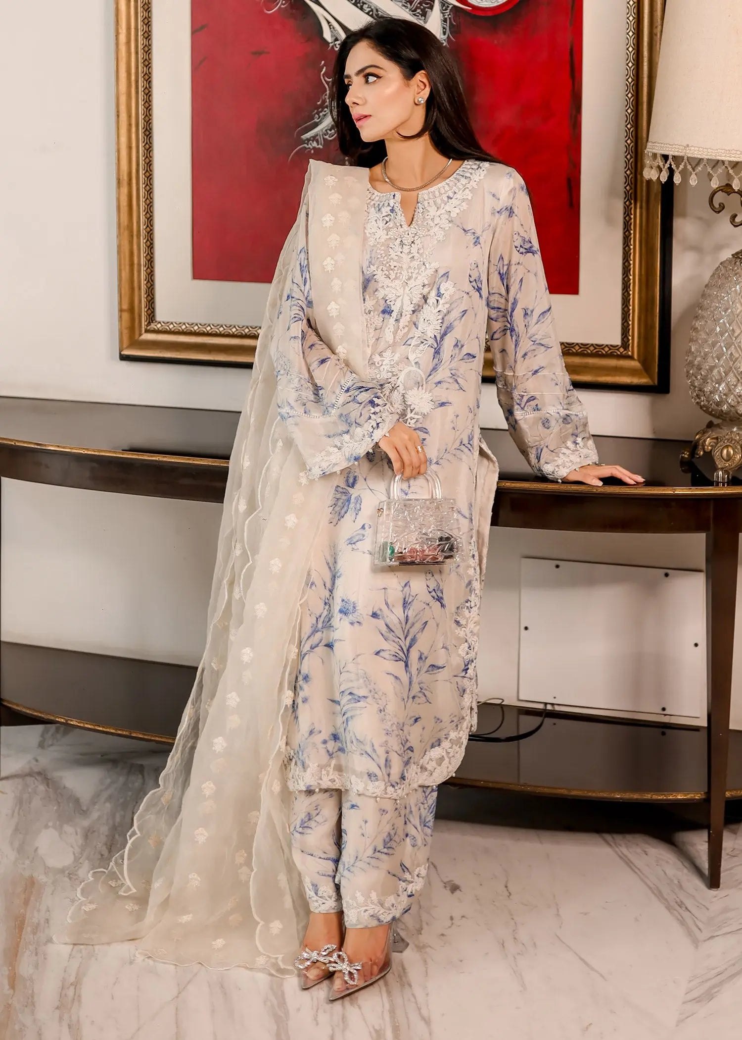 Pakistani White Embroidered Raw Silk Salwar Kameez (3-Piece) - Image 1