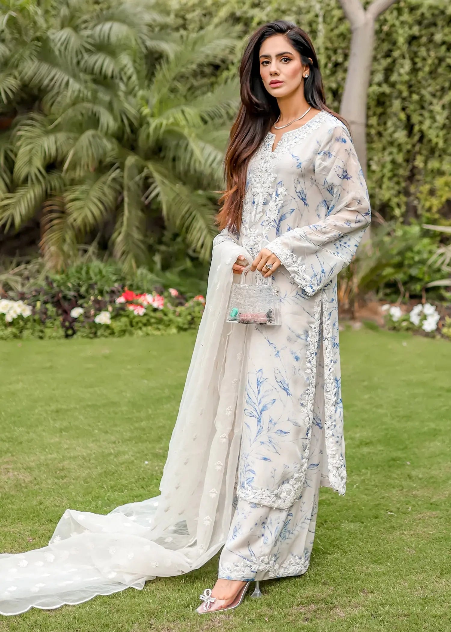 Pakistani White Embroidered Raw Silk Salwar Kameez (3-Piece) - Image 2