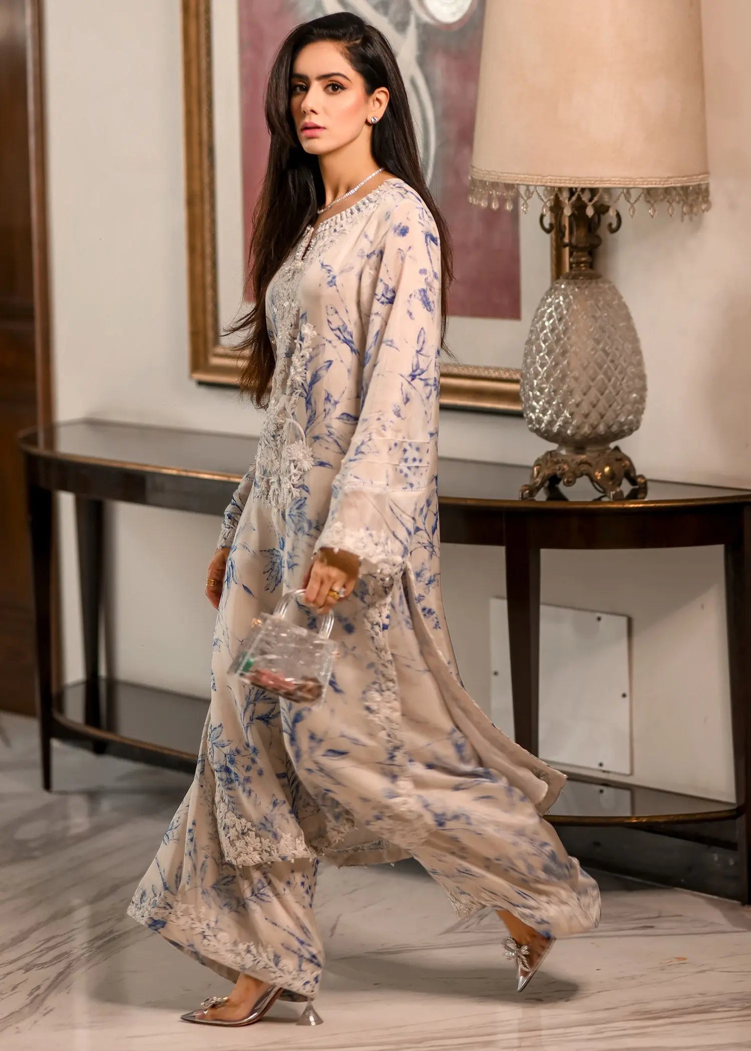 Pakistani White Embroidered Raw Silk Salwar Kameez (3-Piece) - Image 5