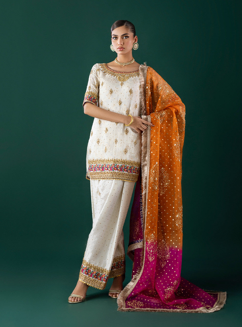 White Embroidered Self-Jacquard Salwar Kameez (3-Piece) - Image 1
