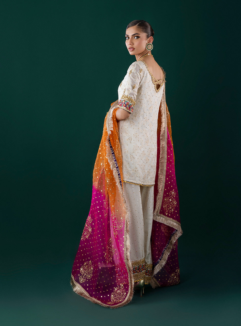 White Embroidered Self-Jacquard Salwar Kameez (3-Piece) - Image 2