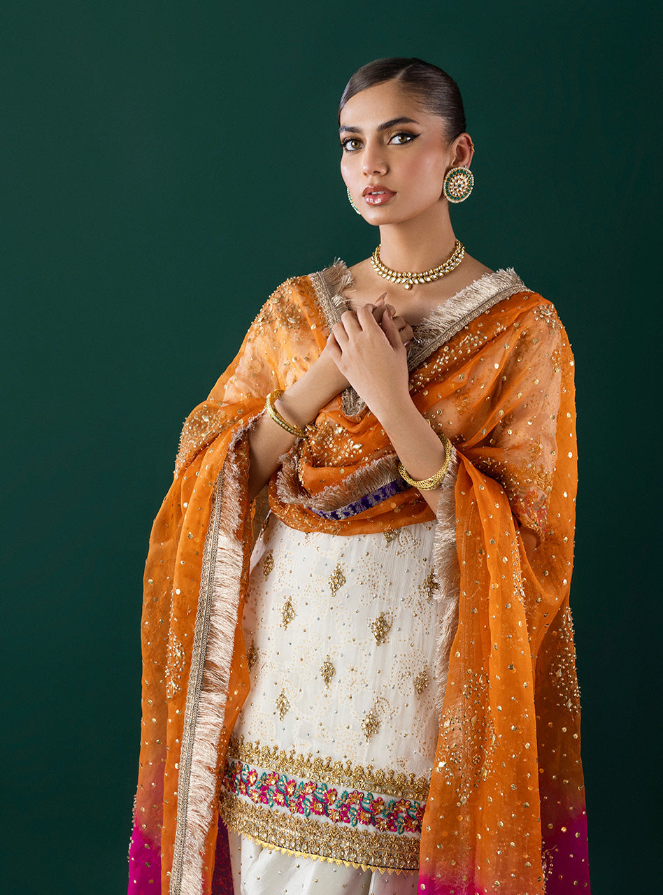 White Embroidered Self-Jacquard Salwar Kameez (3-Piece) - Image 4