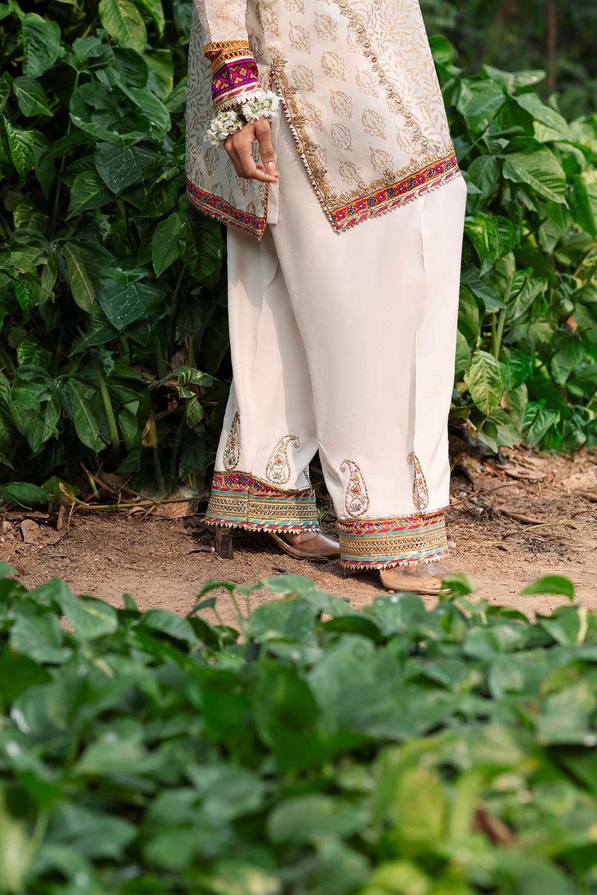 White Gota Block Print PK Raw Silk Shalwar (1-Pc) - Image 1