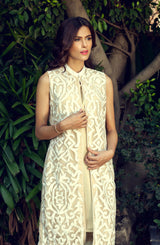White Hand Appliqué Silk & Net Jacket (3-Piece) - Image 2