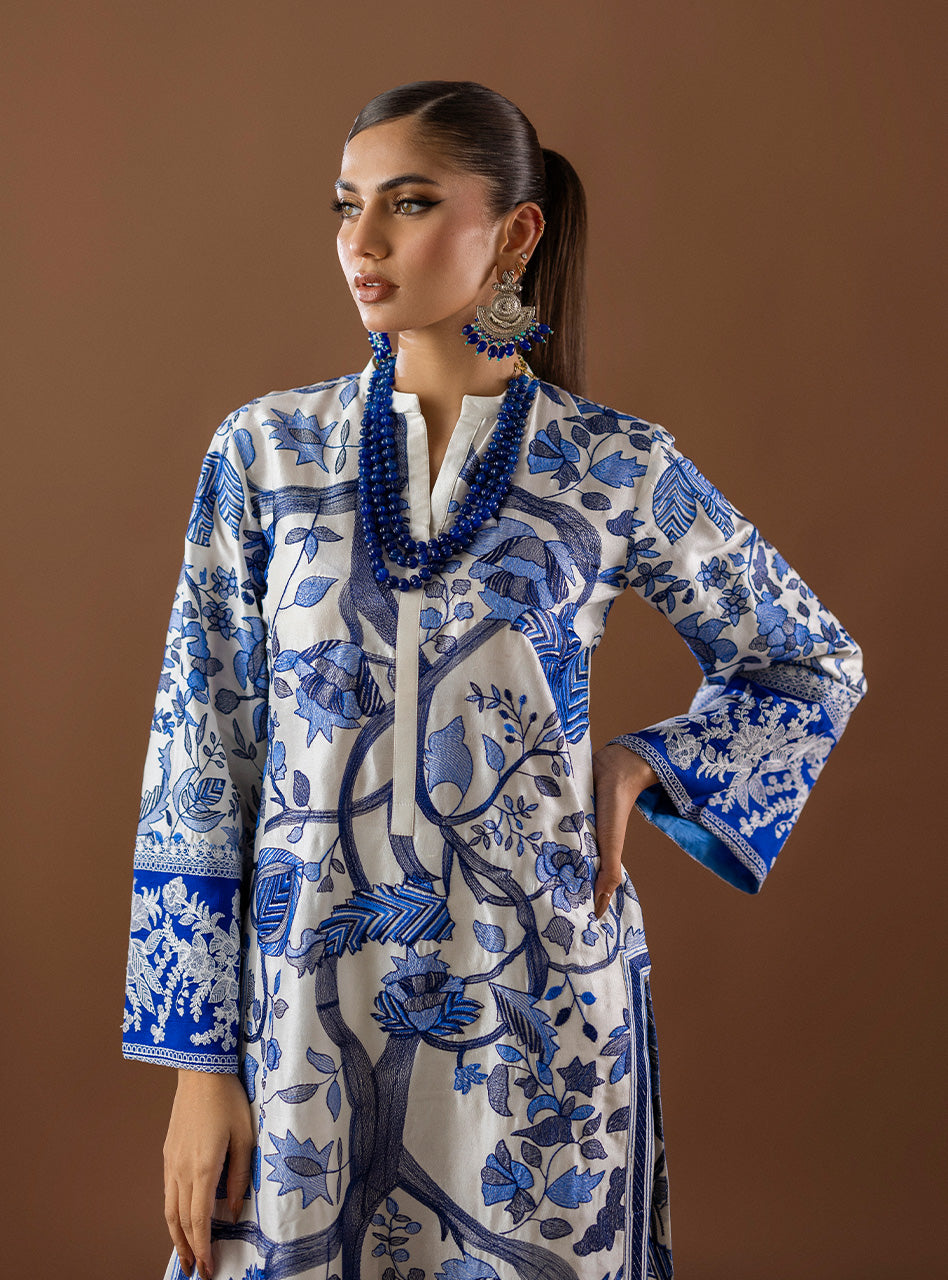 White Kantha Embroidered Raw Silk Salwar Kameez (2-Piece) - Image 3