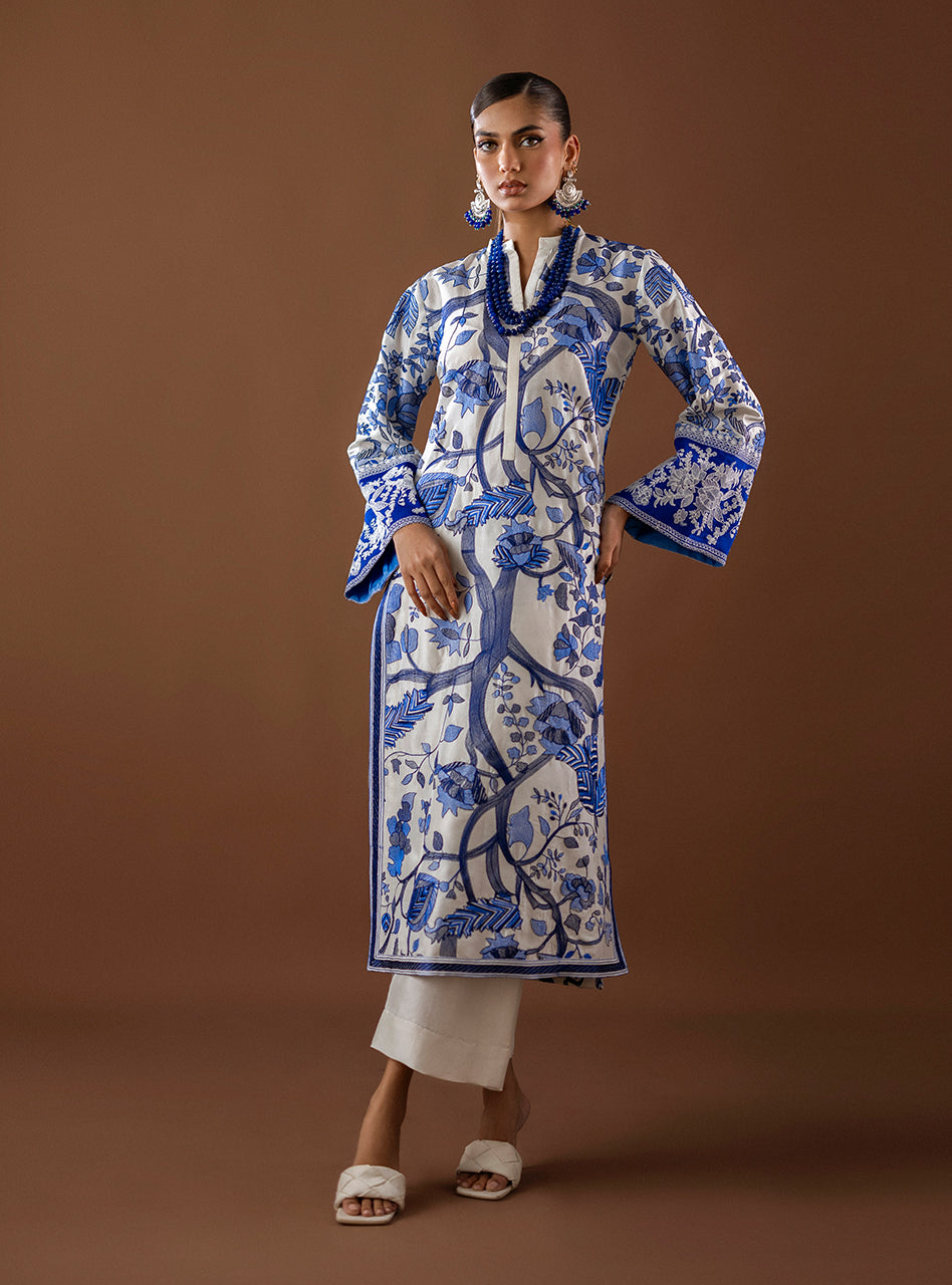 White Kantha Embroidered Raw Silk Salwar Kameez (2-Piece) - Image 5