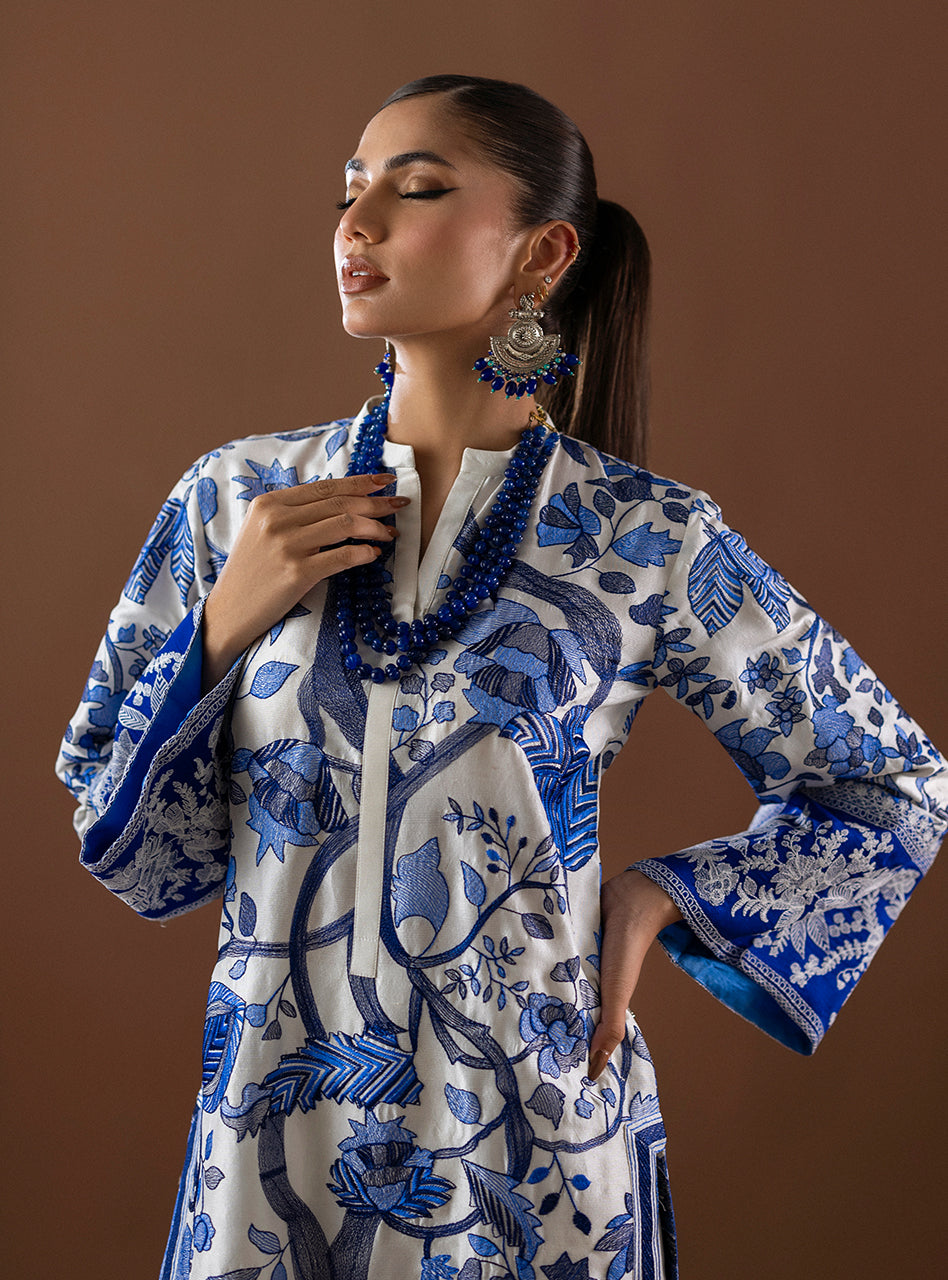 White Kantha Embroidered Raw Silk Salwar Kameez (2-Piece) - Image 9