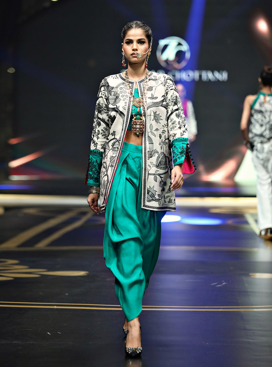 Pakistani White Kantha Hand-Stitched Jacket with Green Dhoti Shalwar (2-Piece) - Image 1