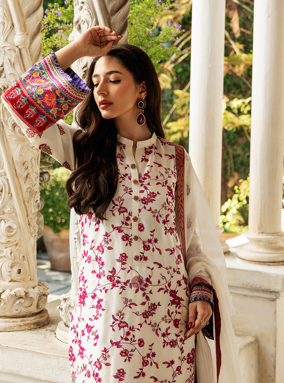 White Kashmiri Embroidered Raw Silk Salwar Kameez (3-Piece) - Image 3
