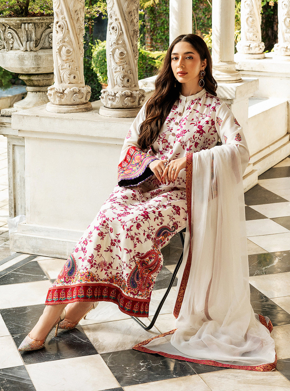 White Kashmiri Embroidered Raw Silk Salwar Kameez (3-Piece) - Image 5