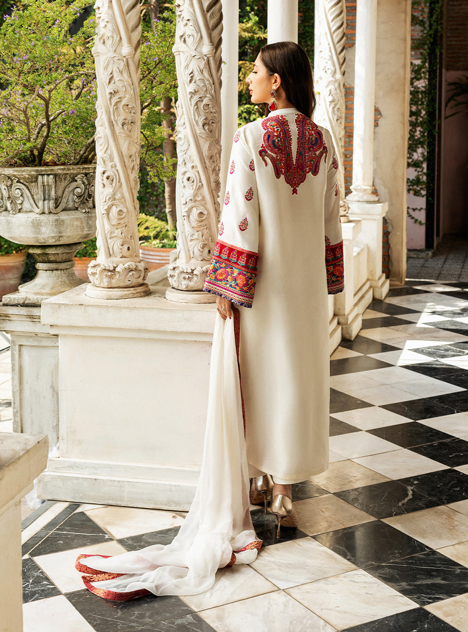 White Kashmiri Embroidered Raw Silk Salwar Kameez (3-Piece) - Image 6