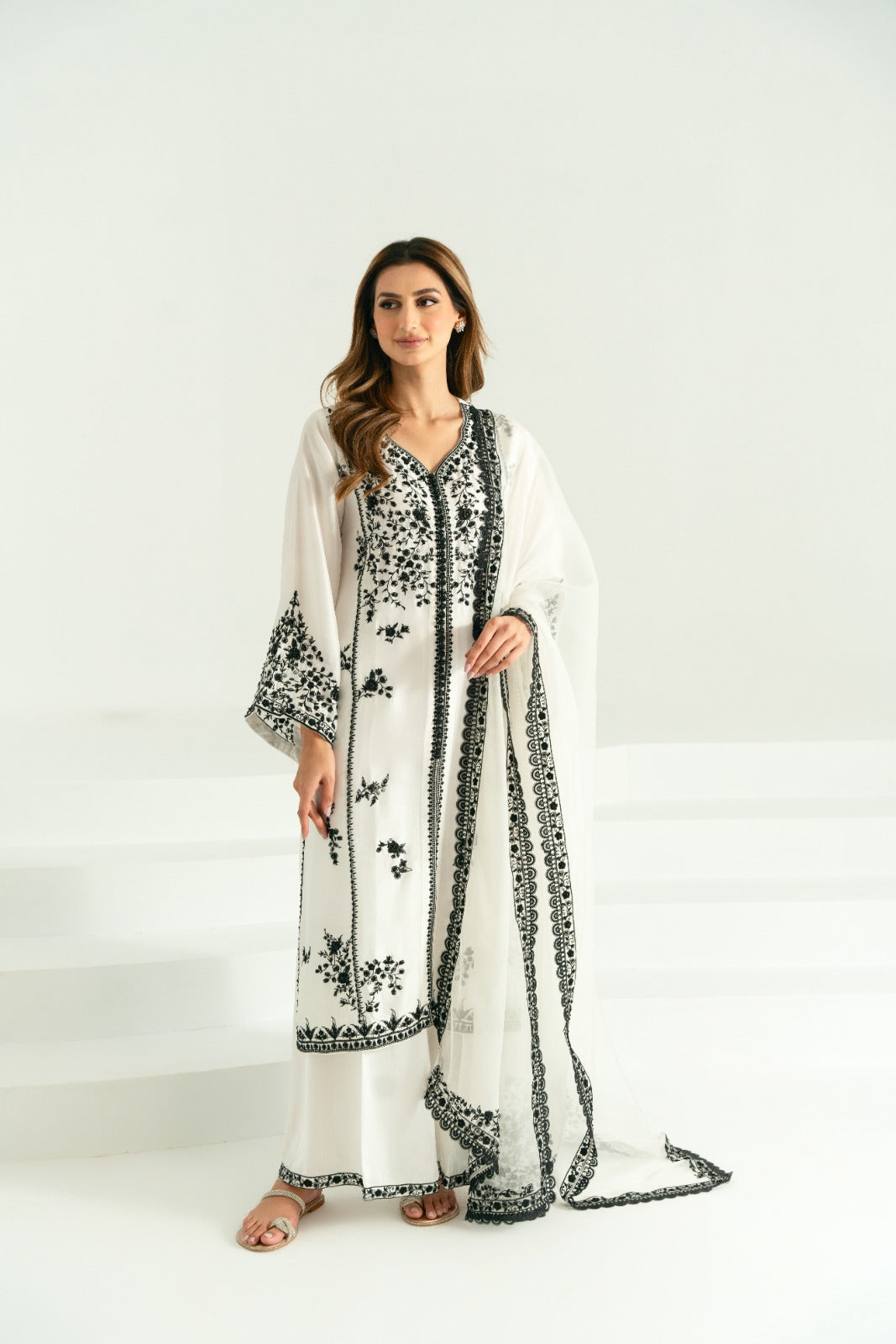 Swan White Resham Embroidered Raw Silk Kameez (3-Piece) - Image 2