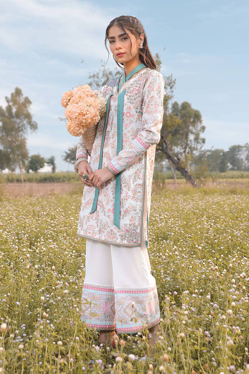 White Screen-Printed Raw Silk Salwar Kameez (2-Piece) - Image 1