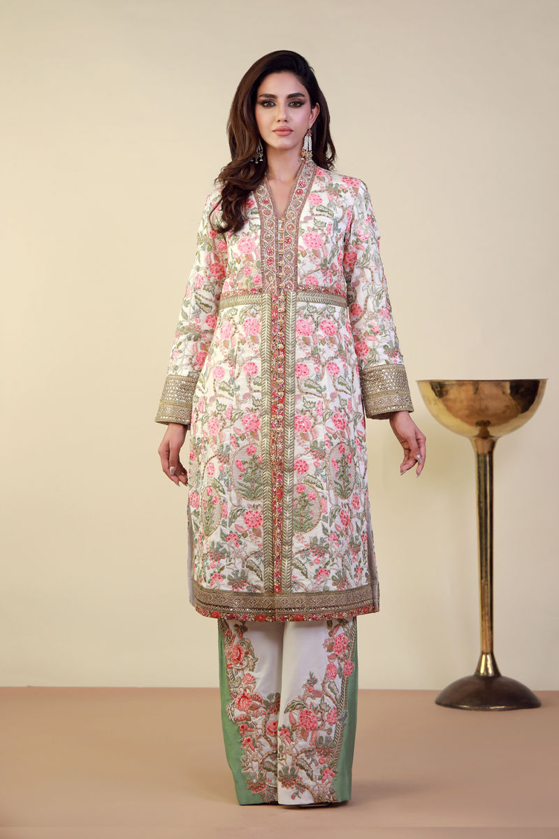Pakistani White Pink & Green Embroidered Silk Coat-Style Tunic (3-Piece) - Image 1