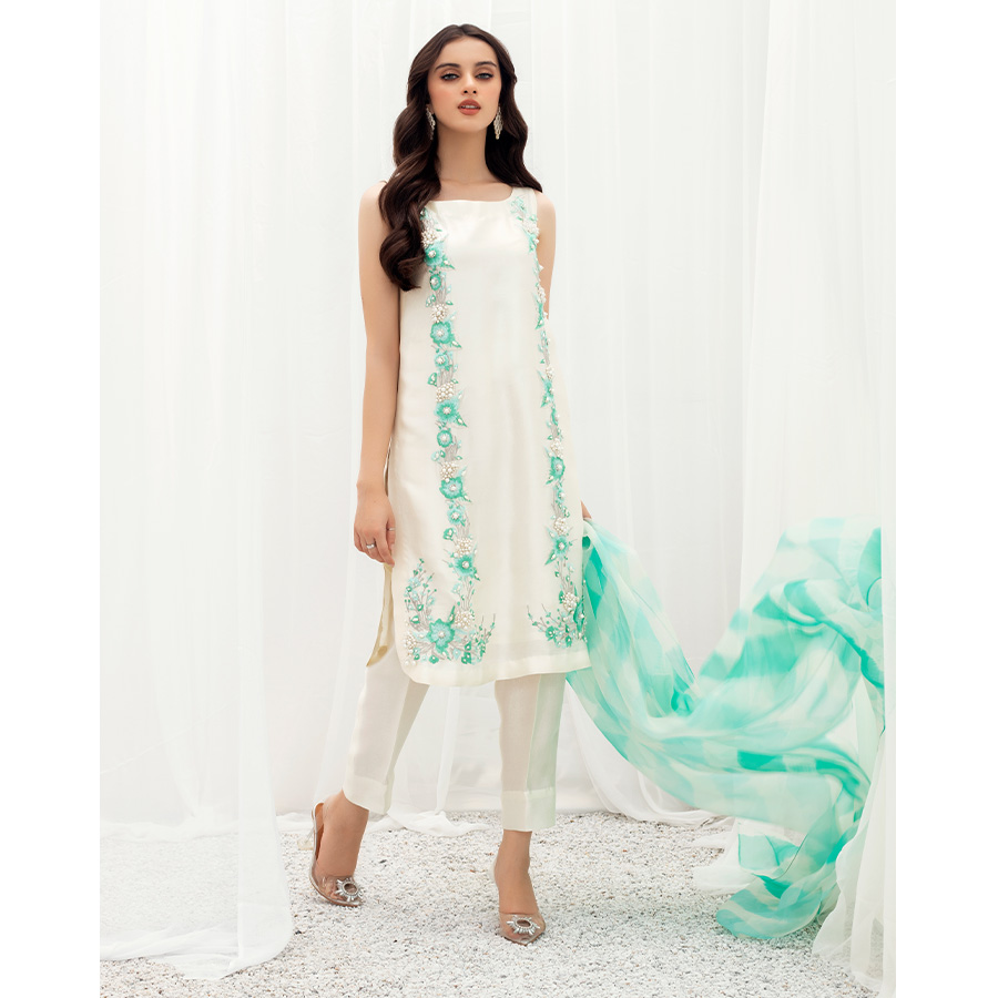 Pakistani Pearl White Embroidered Tissue Silk Salwar Kameez (3-Piece) - Image 1