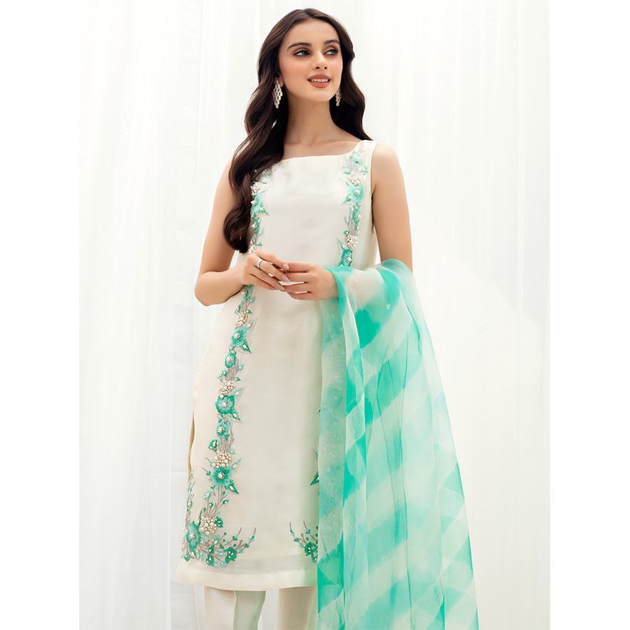 Pakistani Pearl White Embroidered Tissue Silk Salwar Kameez (3-Piece) - Image 3