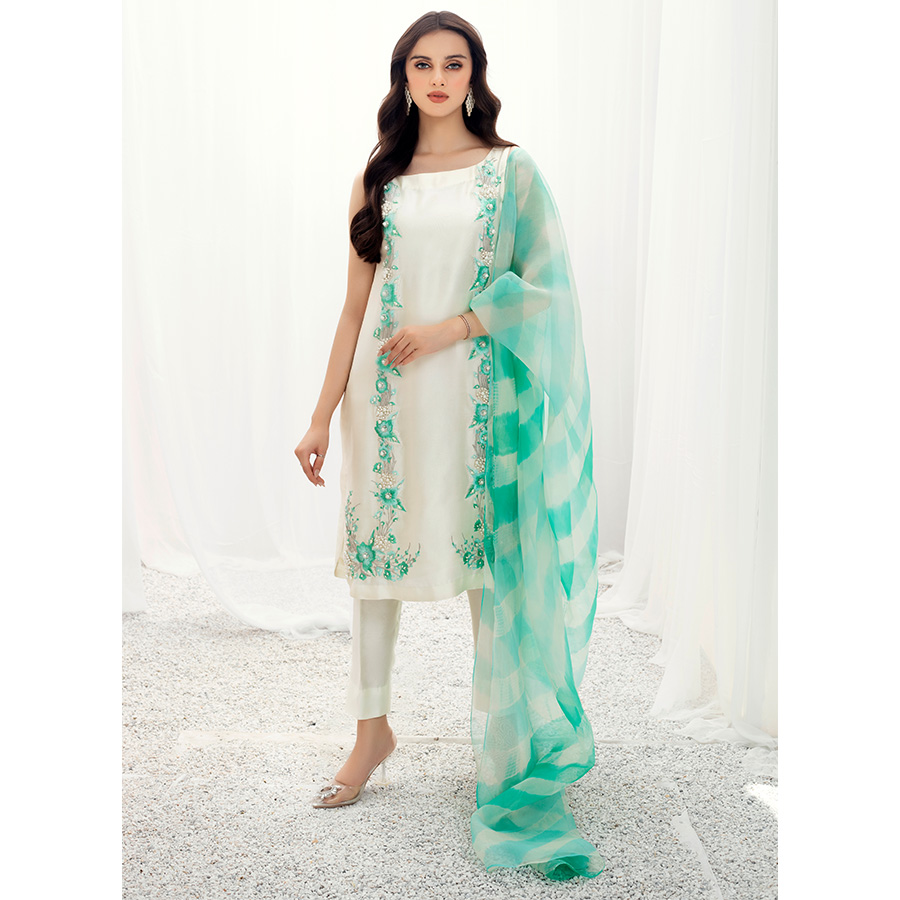 Pakistani Pearl White Embroidered Tissue Silk Salwar Kameez (3-Piece) - Image 4