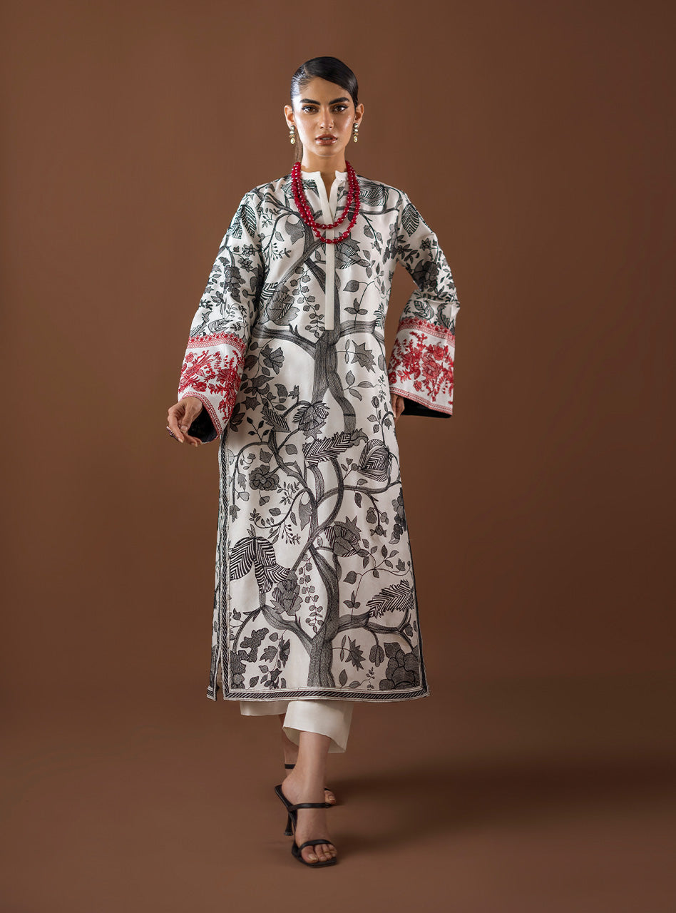 Pakistani White Kantha Embroidered Viscose Silk Salwar Kameez (2-Piece) - Image 1