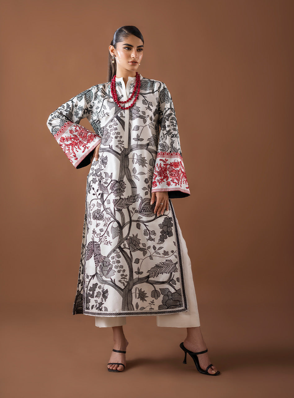 Pakistani White Kantha Embroidered Viscose Silk Salwar Kameez (2-Piece) - Image 6