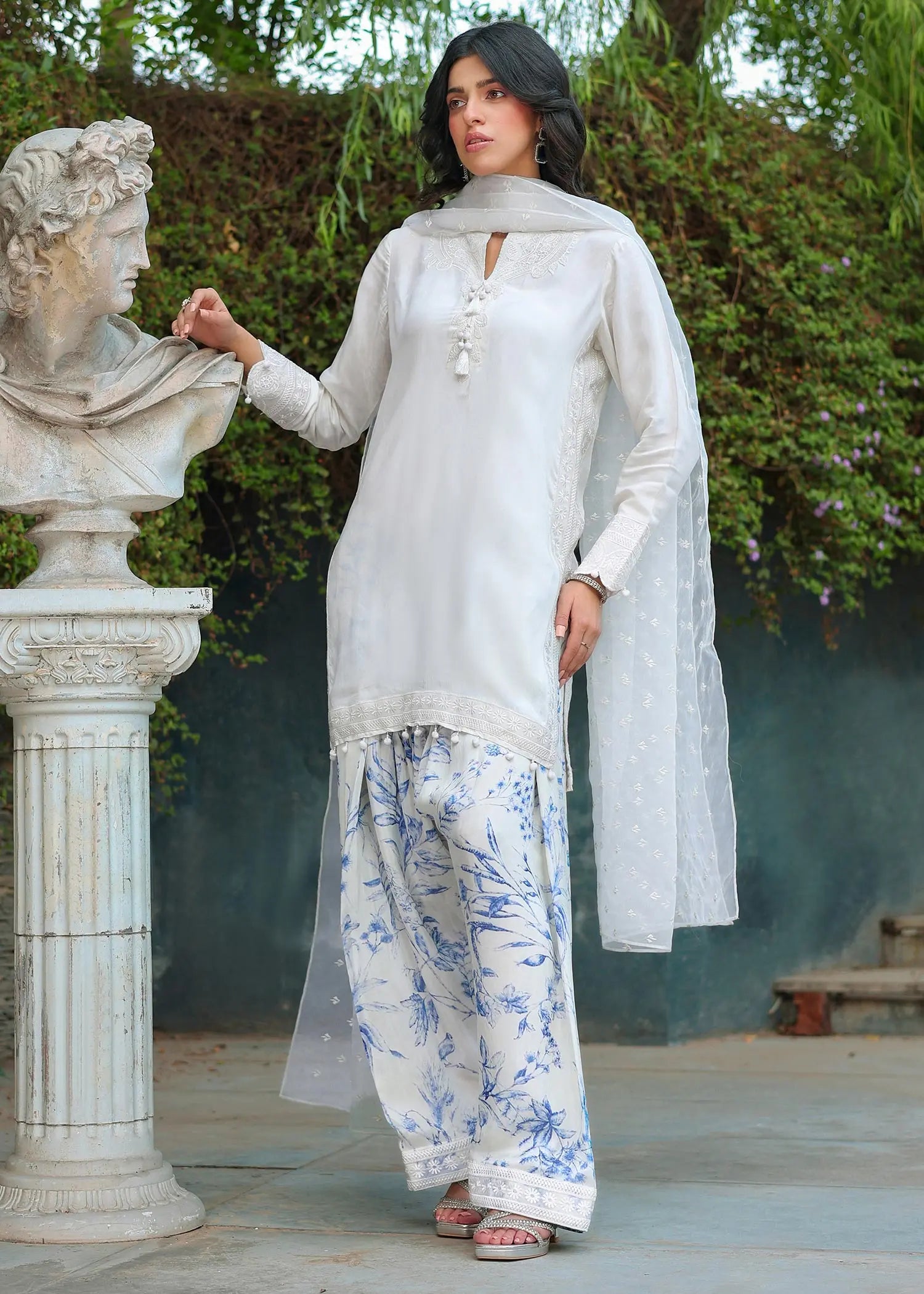 White Embroidered Viscose Salwar Kameez (3-Piece) - Image 1