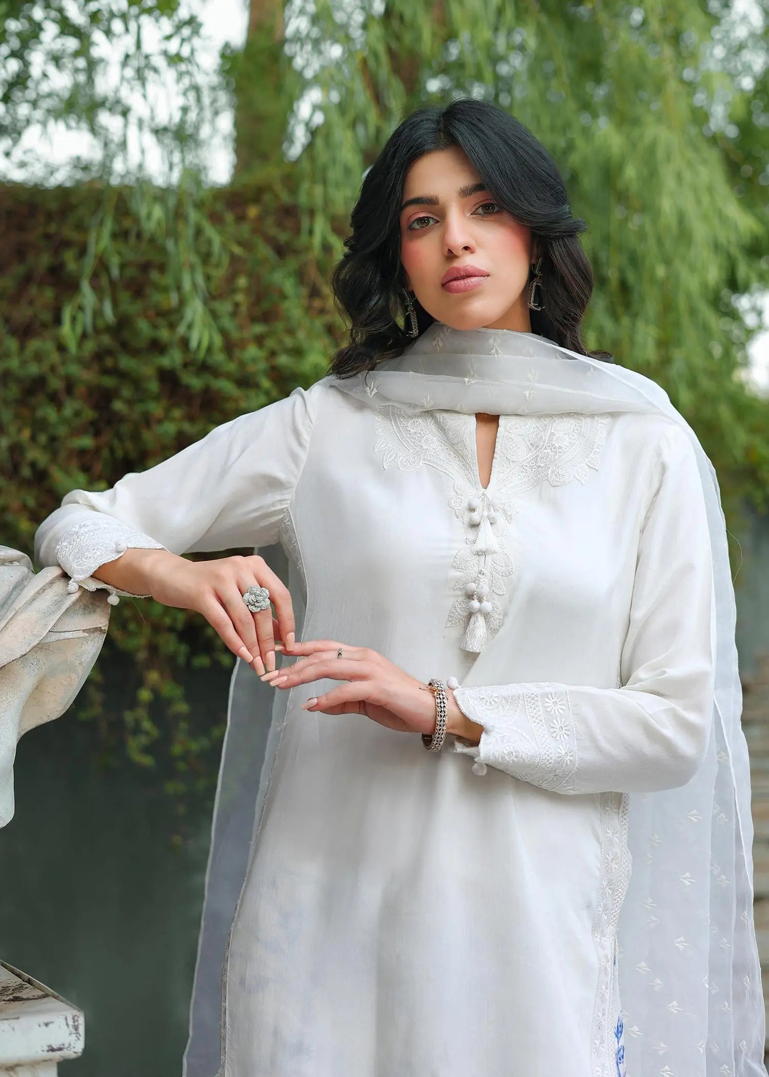 White Embroidered Viscose Salwar Kameez (3-Piece) - Image 2