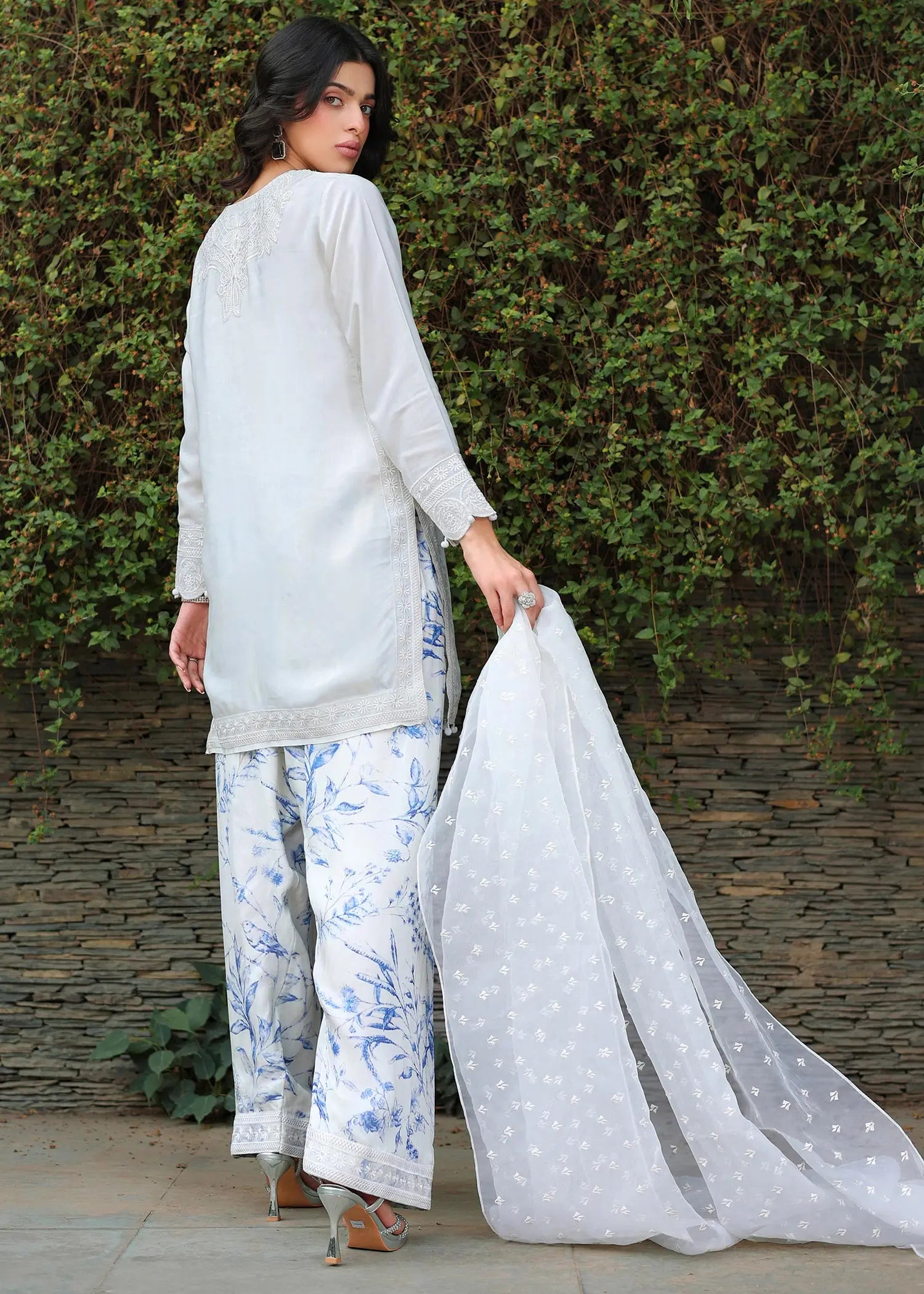 White Embroidered Viscose Salwar Kameez (3-Piece) - Image 3