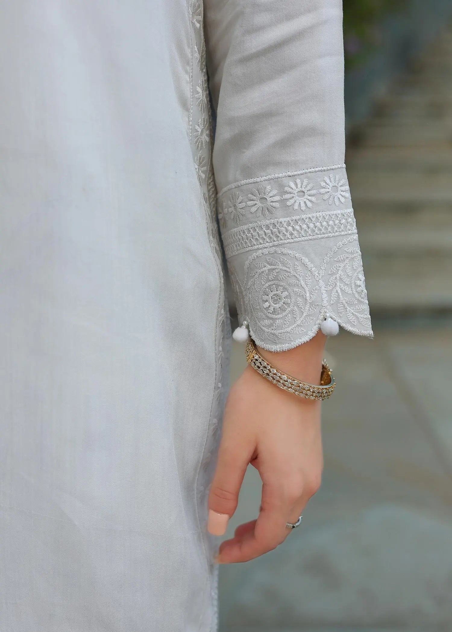 White Embroidered Viscose Salwar Kameez (3-Piece) - Image 5