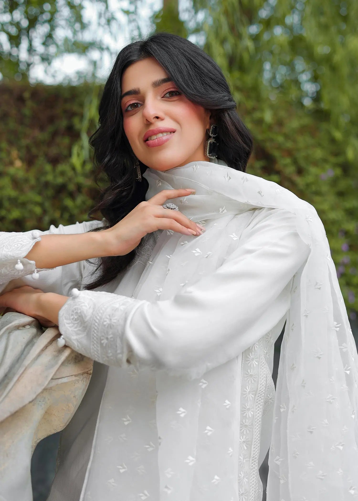 White Embroidered Viscose Salwar Kameez (3-Piece) - Image 6