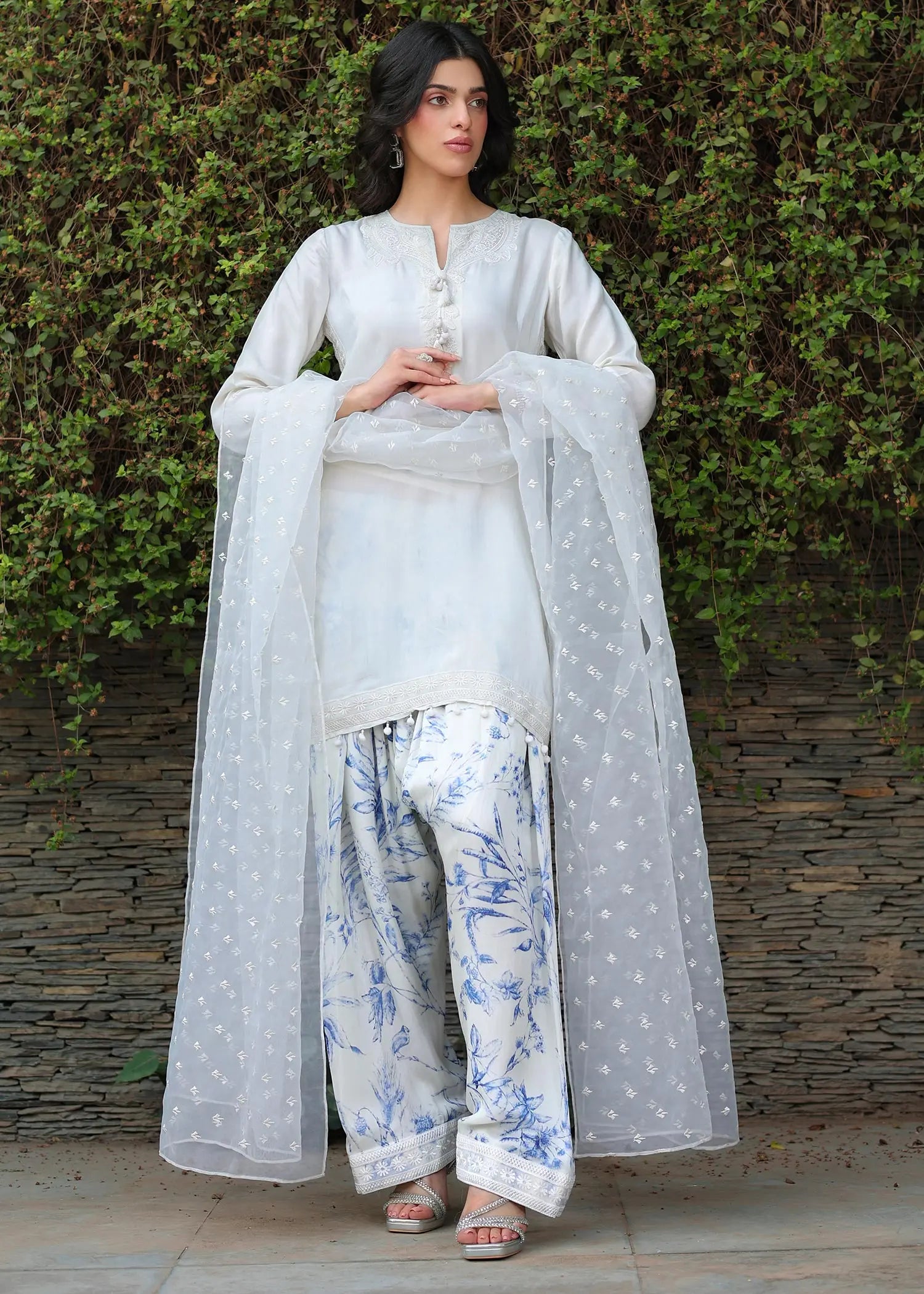 White Embroidered Viscose Salwar Kameez (3-Piece) - Image 7